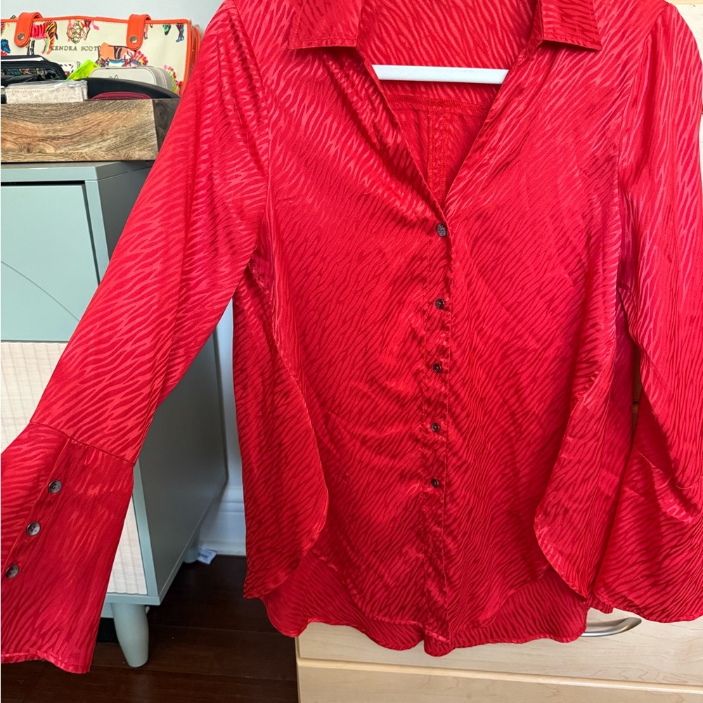 Adrienne Landau Vibrant Red Blouse with Flared Sleeves